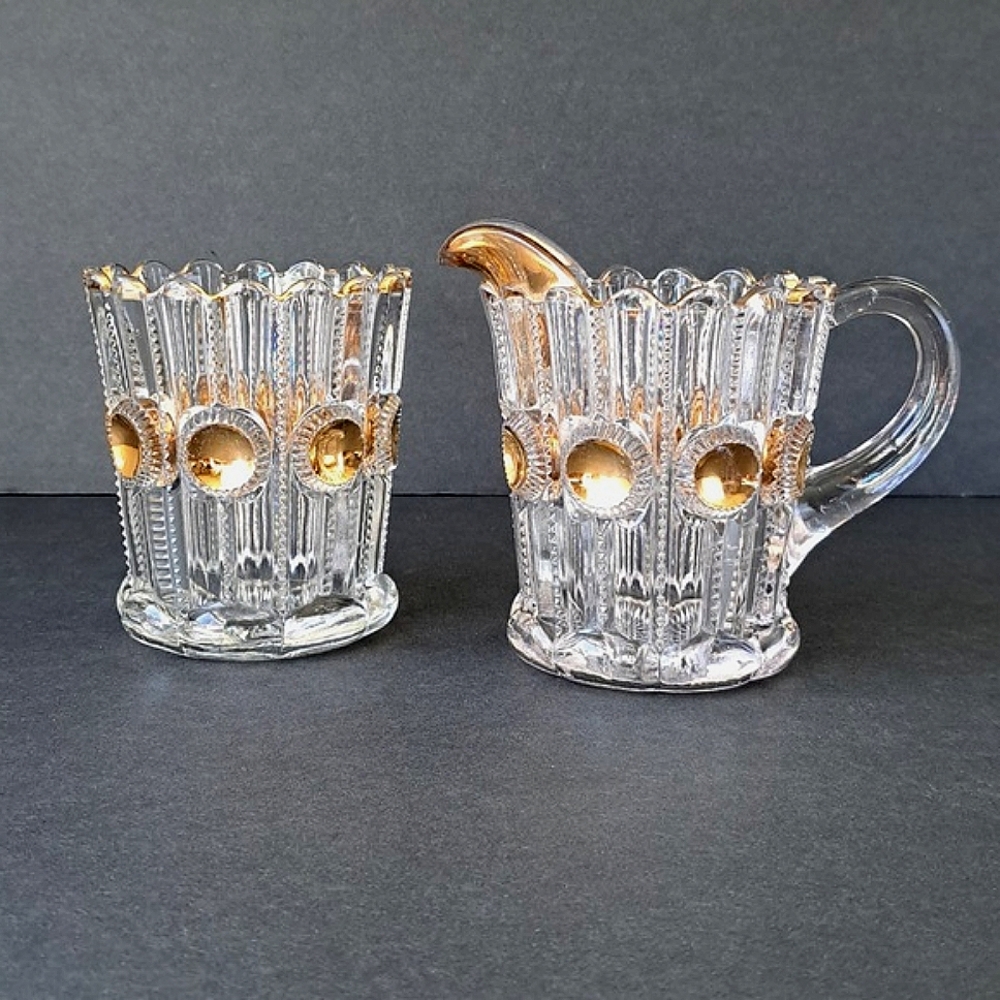 Antique Ornate Clear Glass Spooner & Creamer Gold Gilt Detail EAPG Pattern Glass